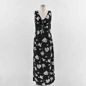 Vtg Y2k Black Floral Maxi Dress‎ Size M Dark Romantic Grunge Sleeveless Tie USA